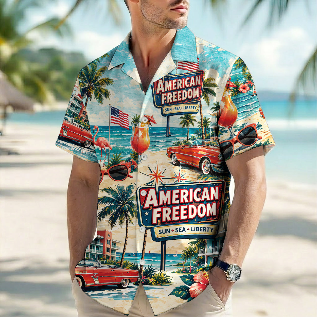 American Freedom Sun Sea Liberty Hawaiian Shirt - Vintage Beach Top