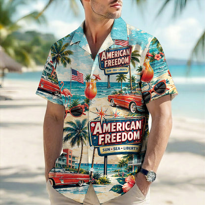 American Freedom Sun Sea Liberty Hawaiian Shirt - Vintage Beach Top