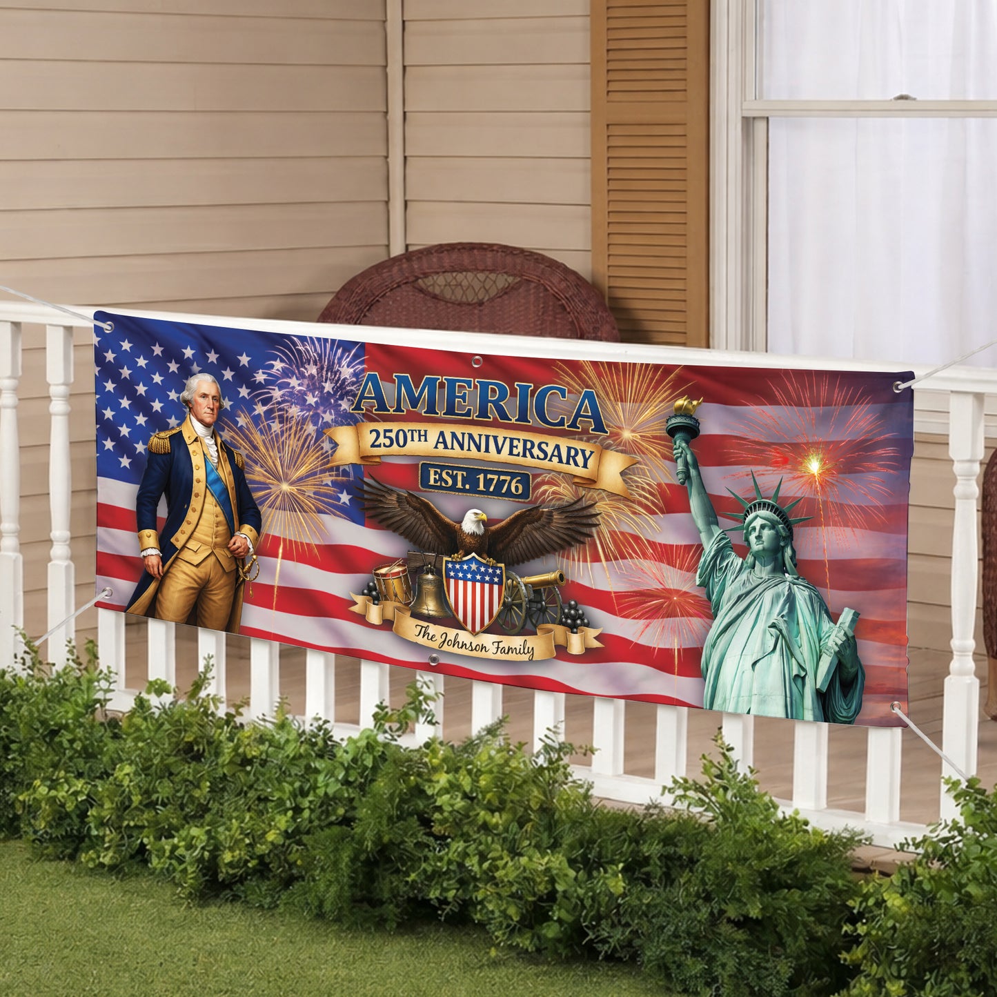 Custom USA 250th Anniversary Banner – George Washington & Liberty Patriotic Family Name Flag