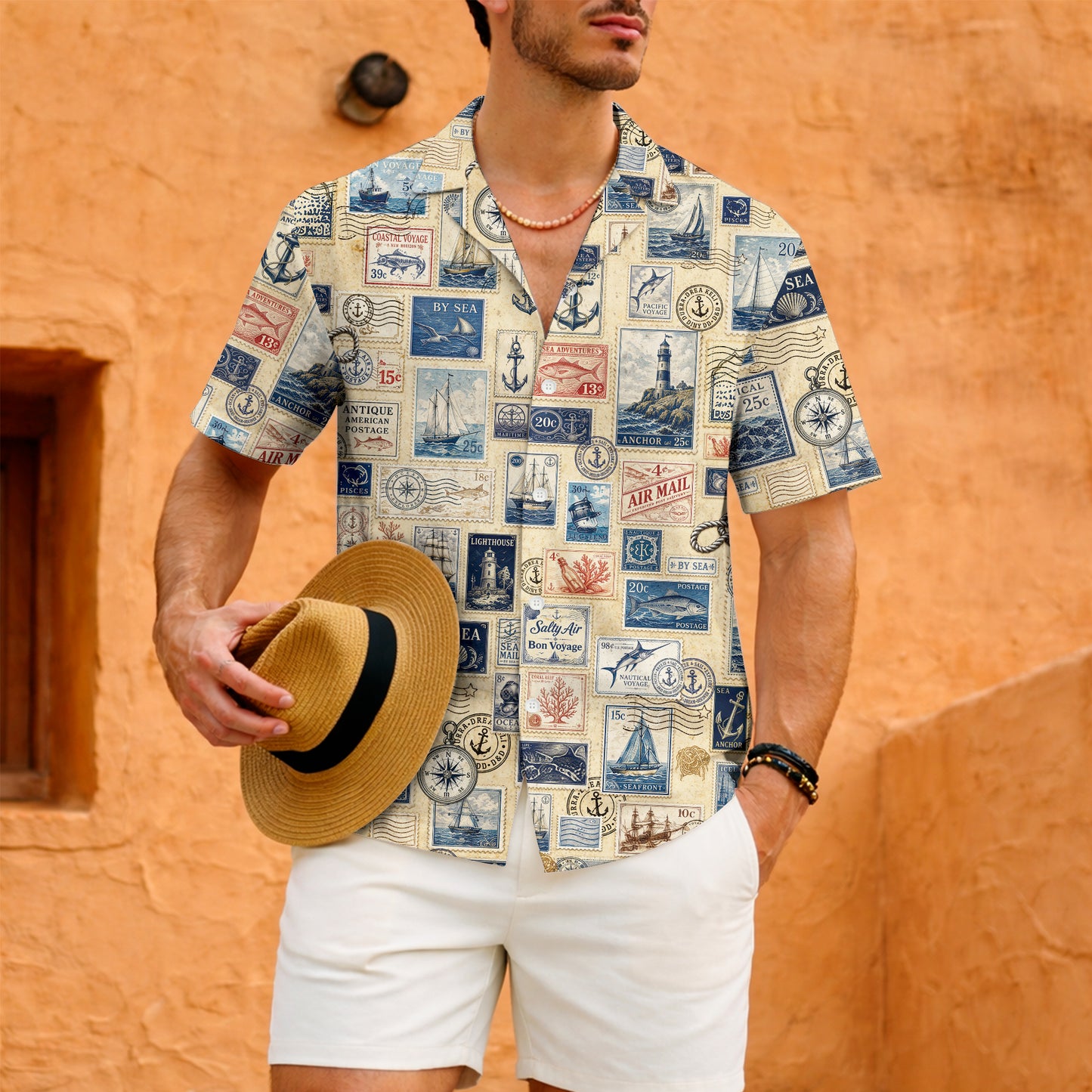 Vintage Nautical Postage Stamp Hawaiian Shirt - Aloha Top