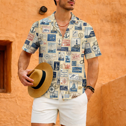 Vintage Nautical Postage Stamp Hawaiian Shirt - Aloha Top