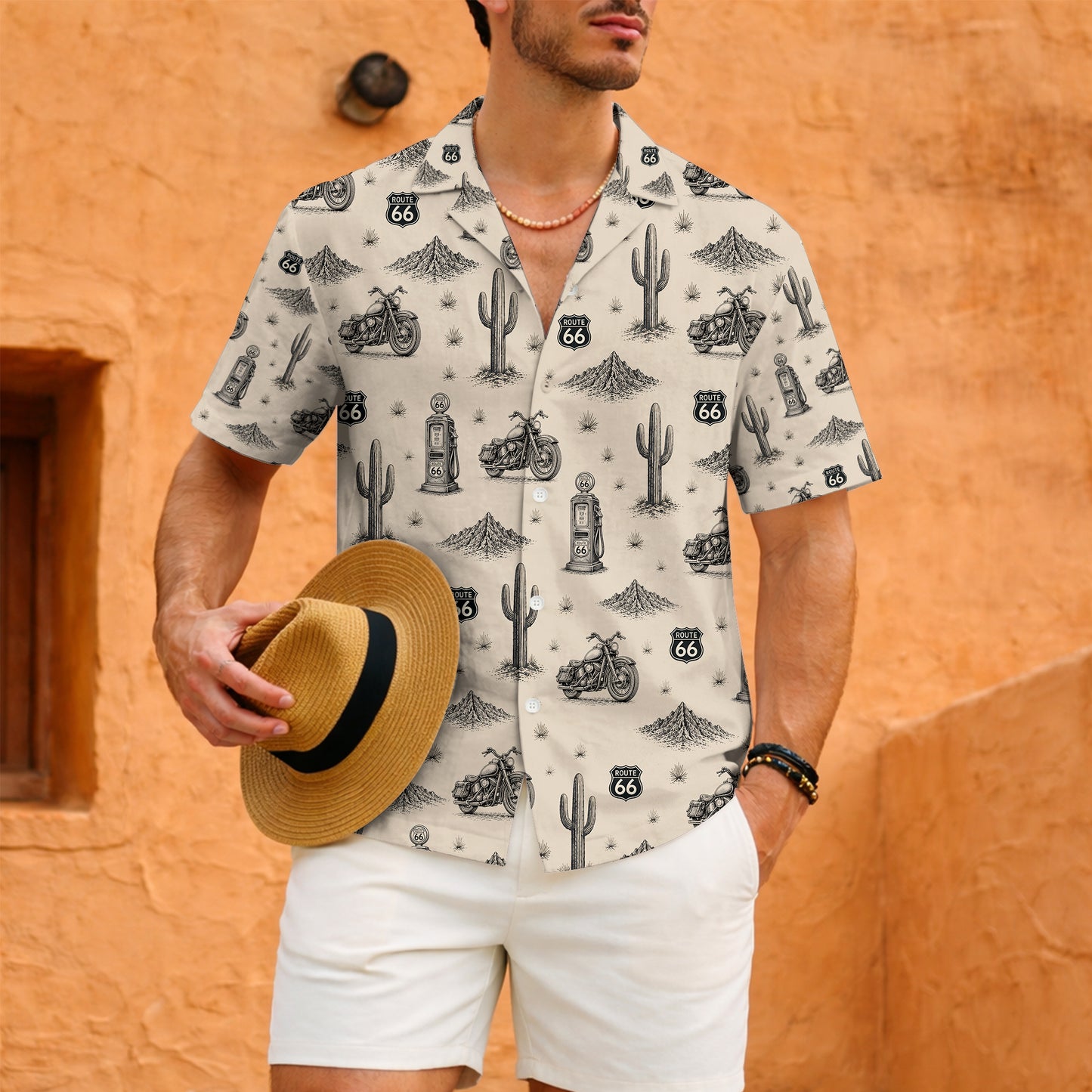 Route 66 Motorcycle Biker Vintage Sketch Unisex Hawaiian Shirt