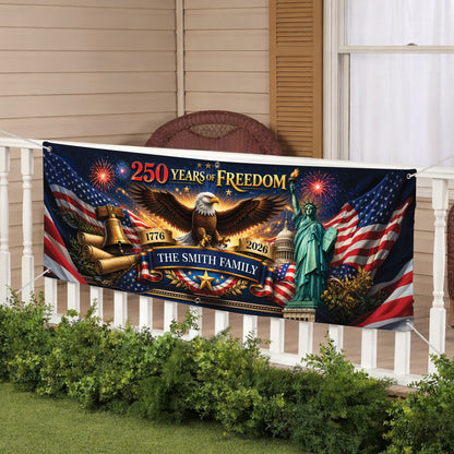 Personalized 250 Years of Freedom Banner – Patriotic USA Eagle Statue of Liberty Family Flag