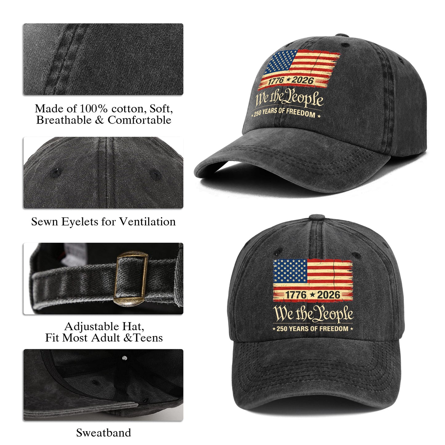 Patriotic USA We The People Printed Vintage Washed Baseball Cap | 250th Anniversary Hat