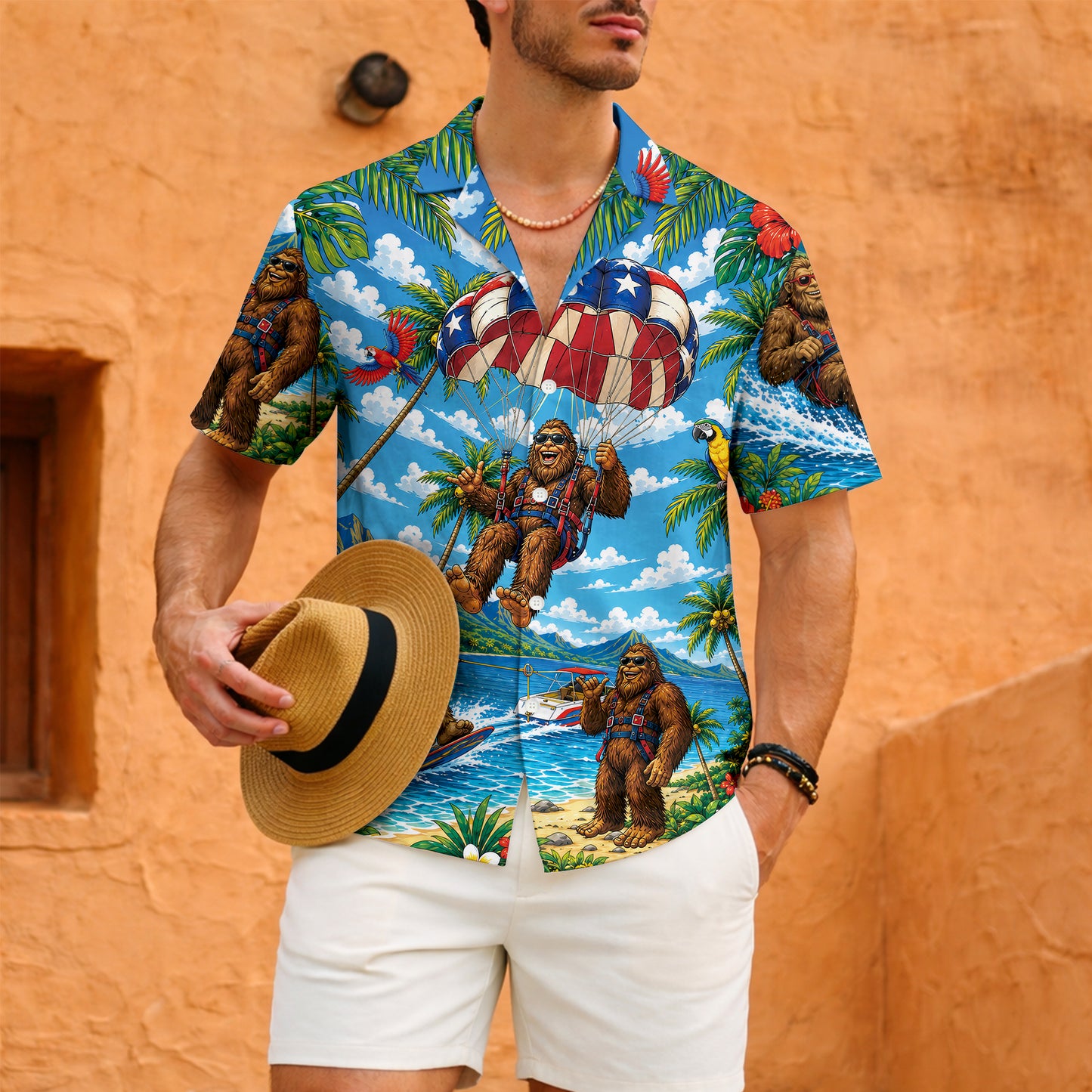 Funny Sasquatch Parasailing Beach Unisex Hawaiian Shirt