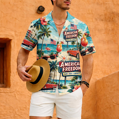 American Freedom Sun Sea Liberty Hawaiian Shirt - Vintage Beach Top