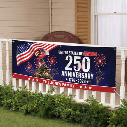 Personalized USA 250th Anniversary Family Banner – Patriotic Fireworks USA Flag 1776-2026 Decor