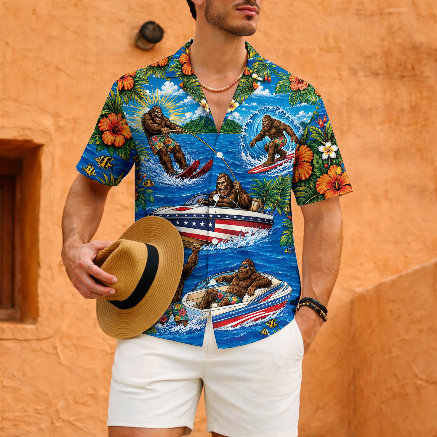 Funny Sasquatch Bigfoot Patriotic Beach Unisex Hawaiian Shirt