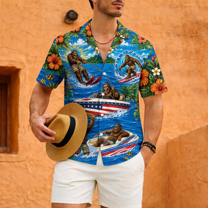 Funny Sasquatch Bigfoot Patriotic Beach Unisex Hawaiian Shirt