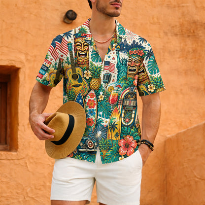 Patriotic Tiki Mask Jukebox Music Beach Unisex Hawaiian Shirt