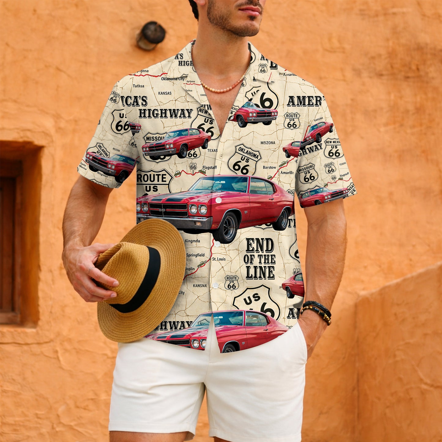 Route 66 Highway Map Vintage Muscle Car Unisex Hawaiian Shirt