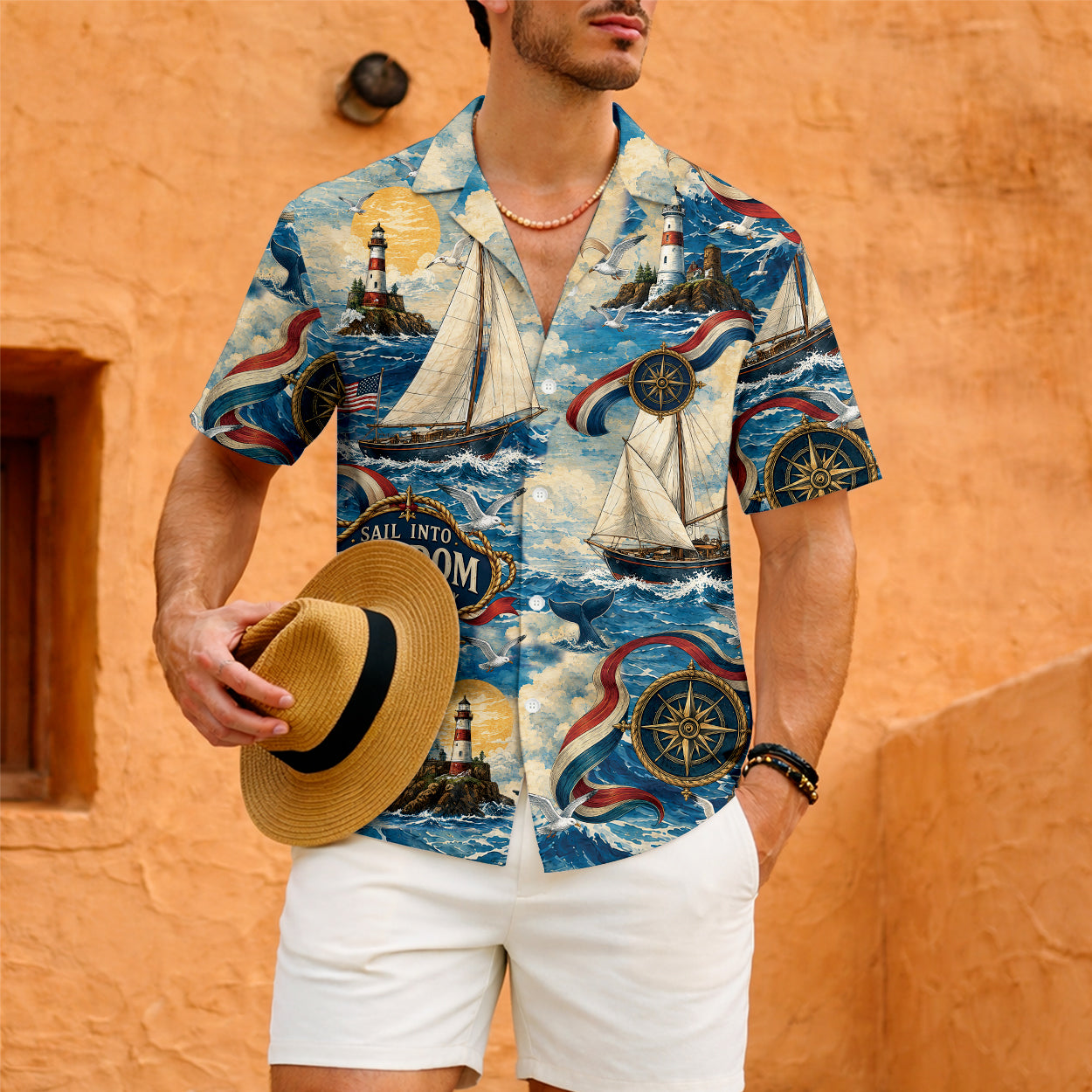 Sail Into Freedom Lighthouse Hawaiian Shirt - Vintage Nautical Aloha Top