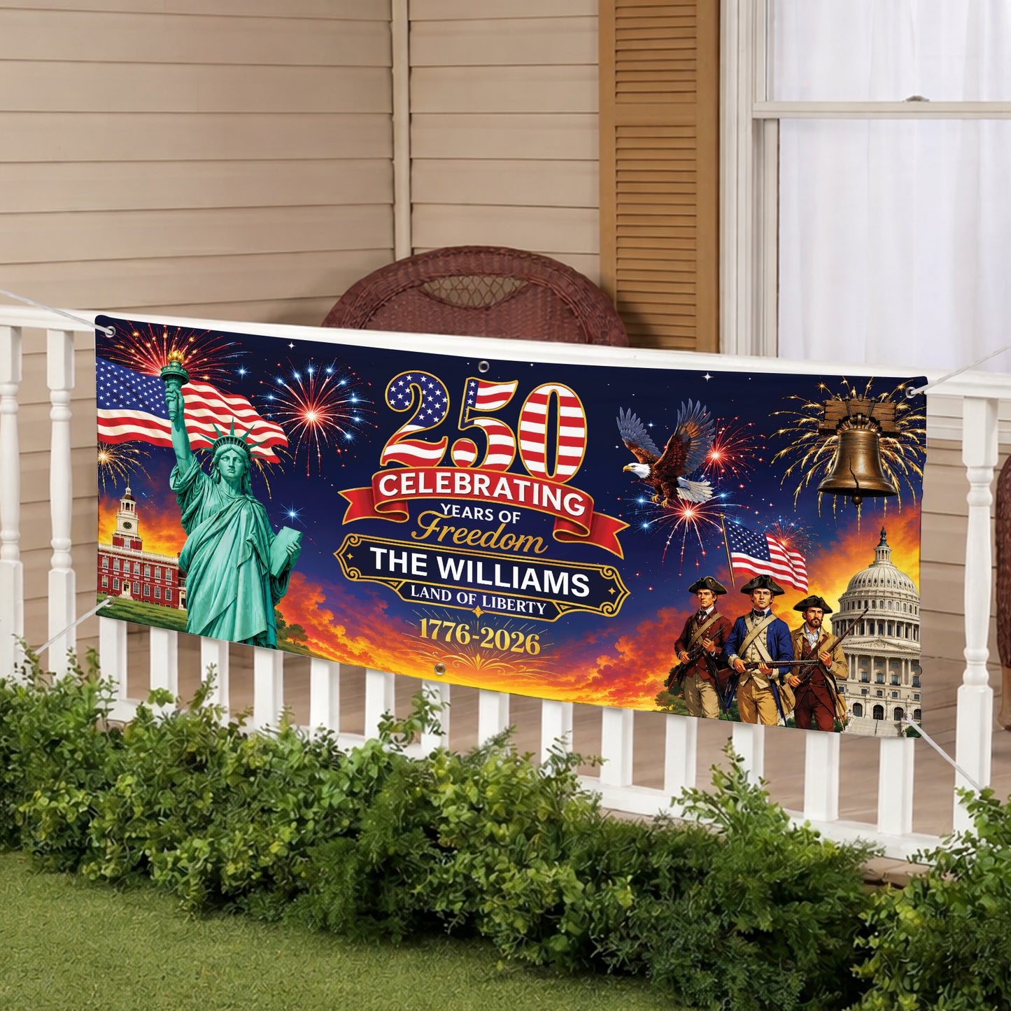 Personalized Banner 250 Years of Freedom Liberty & Heritage Fireworks Patriotic Independence Day