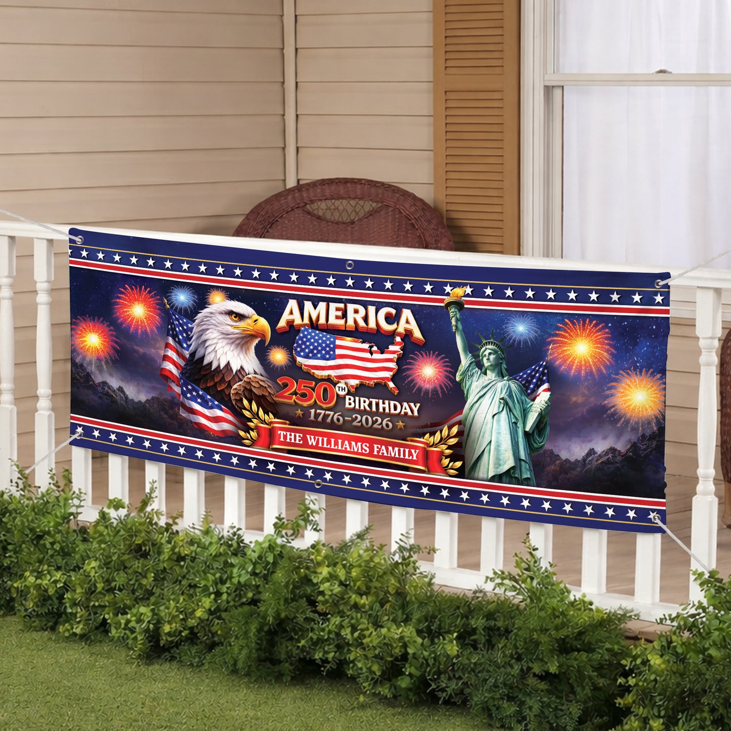 Personalized America 250th Birthday Banner - Eagle, Statue of Liberty, Fireworks Patriotic 1776-2026