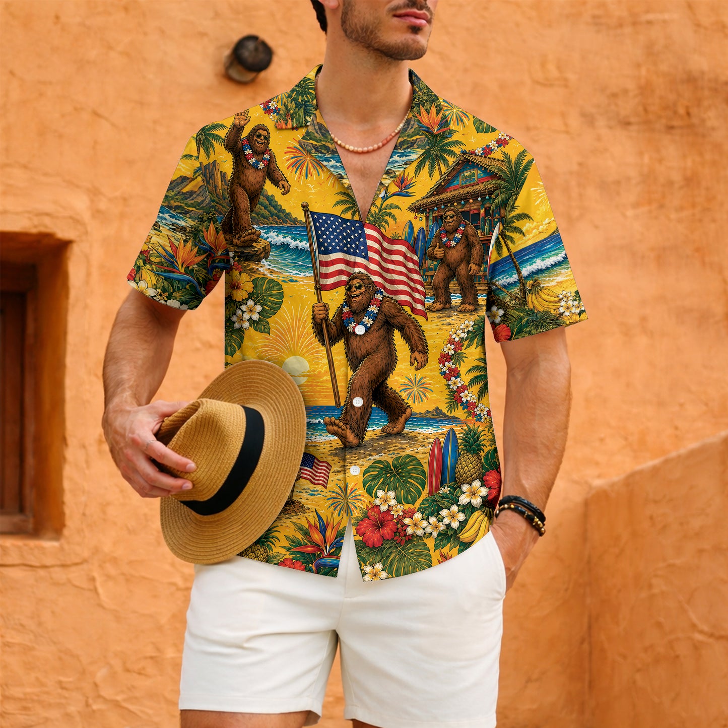 Funny Sasquatch Bigfoot Patriotic Beach Unisex Hawaiian Shirt