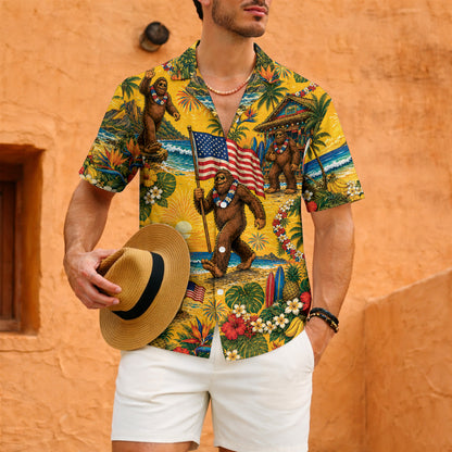 Funny Sasquatch Bigfoot Patriotic Beach Unisex Hawaiian Shirt
