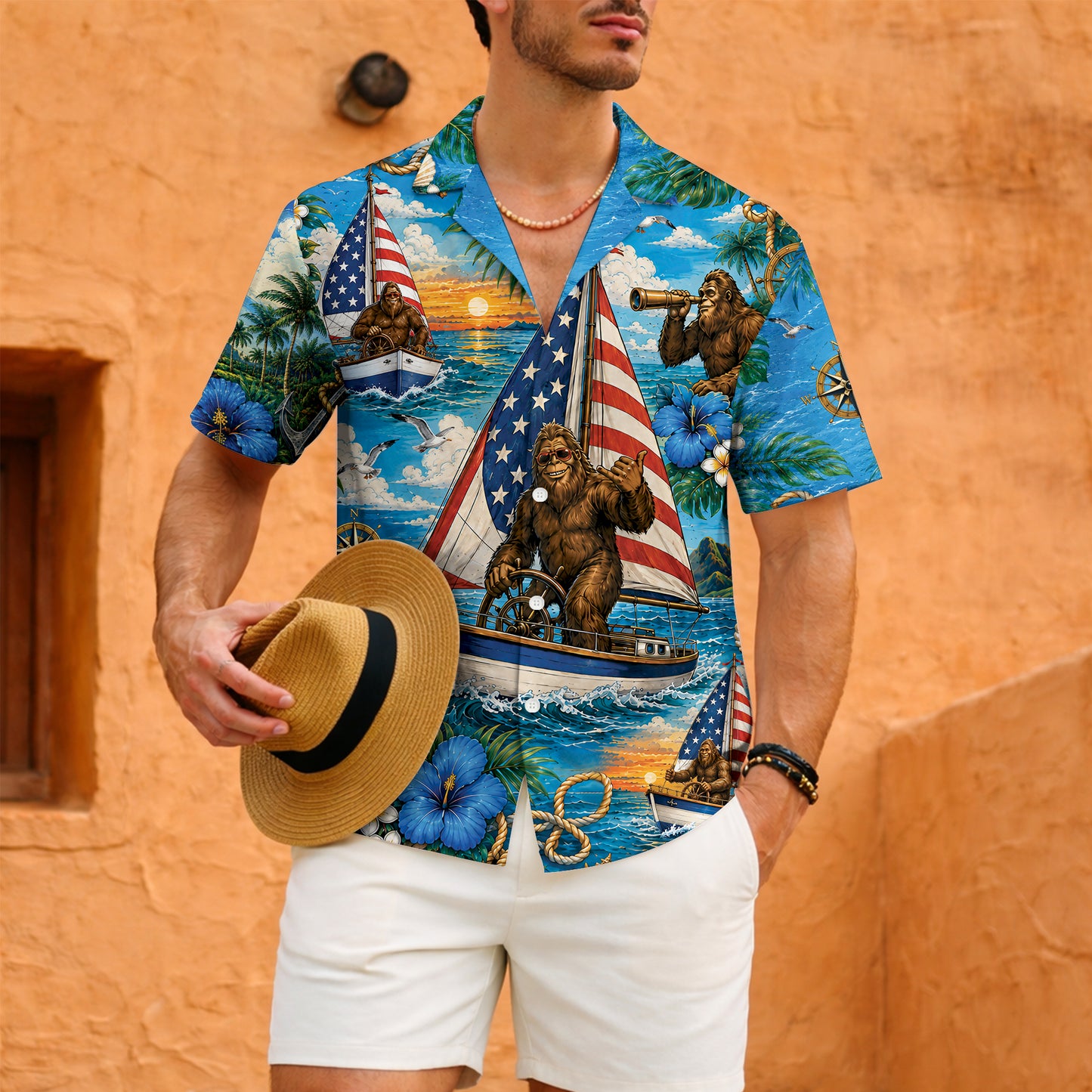 Funny Sasquatch Bigfoot Patriotic Beach Unisex Hawaiian Shirt