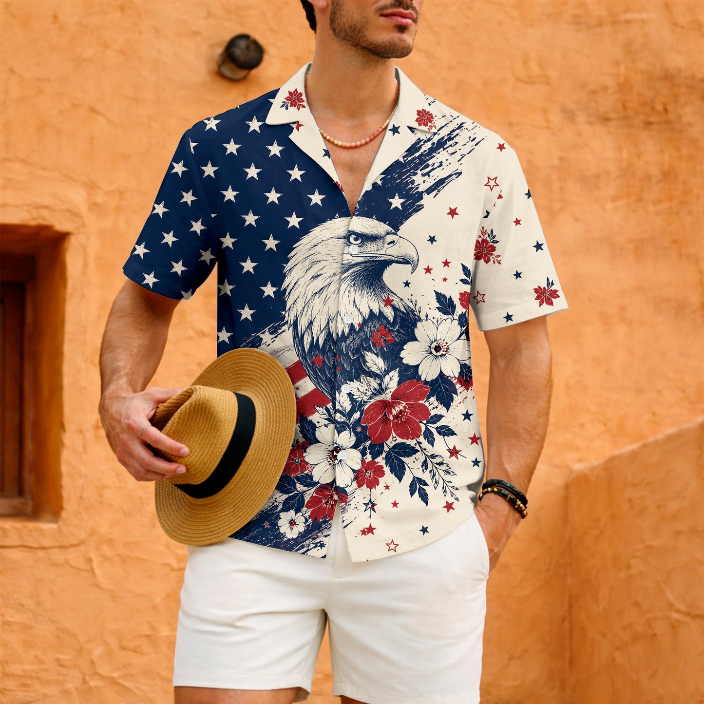 American Flag Bald Eagle Hawaiian Shirt - Men's Floral Aloha Top