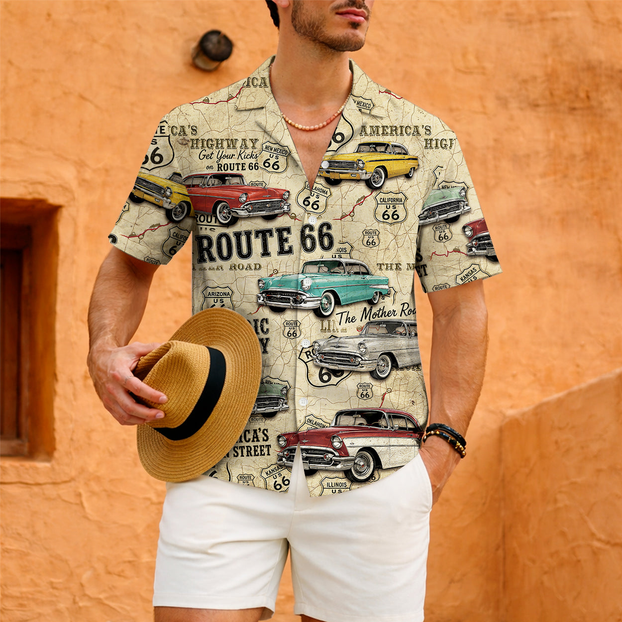 Route 66 Highway Map Vintage Muscle Car Unisex Hawaiian Shirt