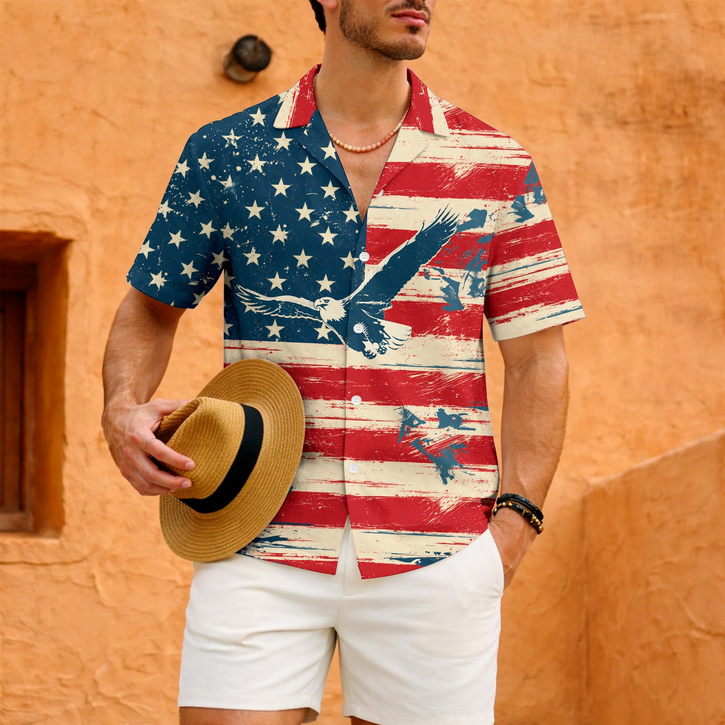 Patriotic American Flag Hawaiian Shirt - Vintage Eagle Button Down