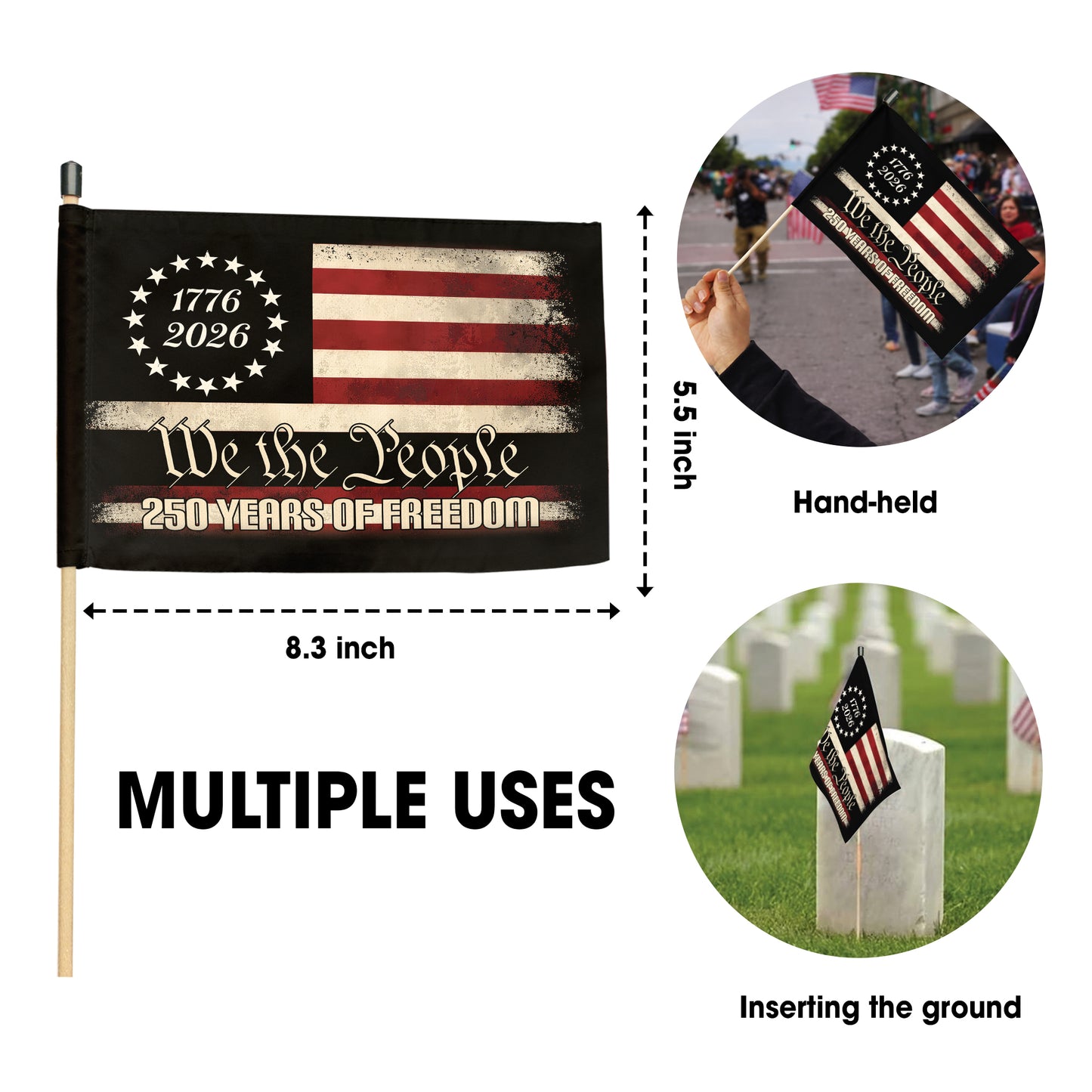 We The People 250th Anniversary Handheld Flag - 1776 to 2026 Patriotic Design