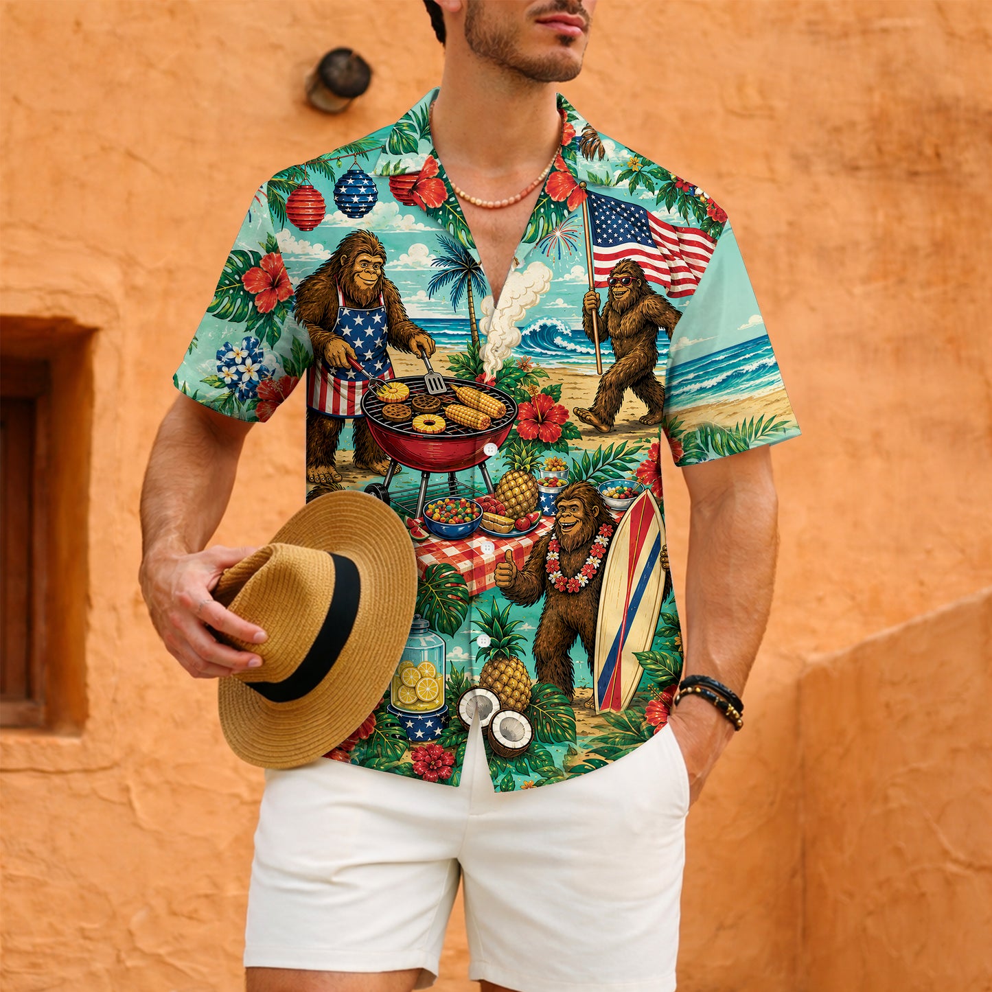 Funny Sasquatch Bigfoot Patriotic Beach Unisex Hawaiian Shirt