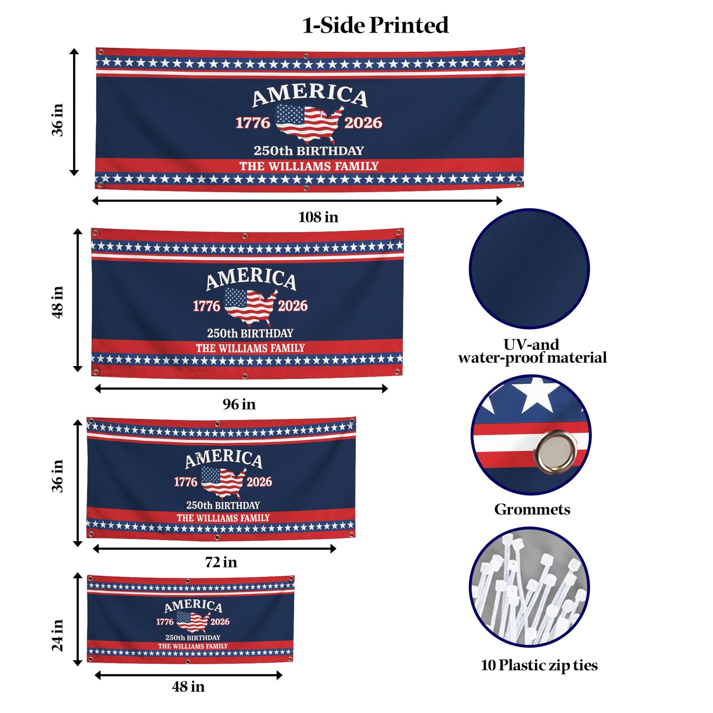 Custom USA 250th Birthday Banner – Personalized American Flag Family Name 1776–2026