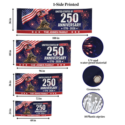 Personalized USA 250th Anniversary Family Banner – Patriotic Fireworks USA Flag 1776-2026 Decor