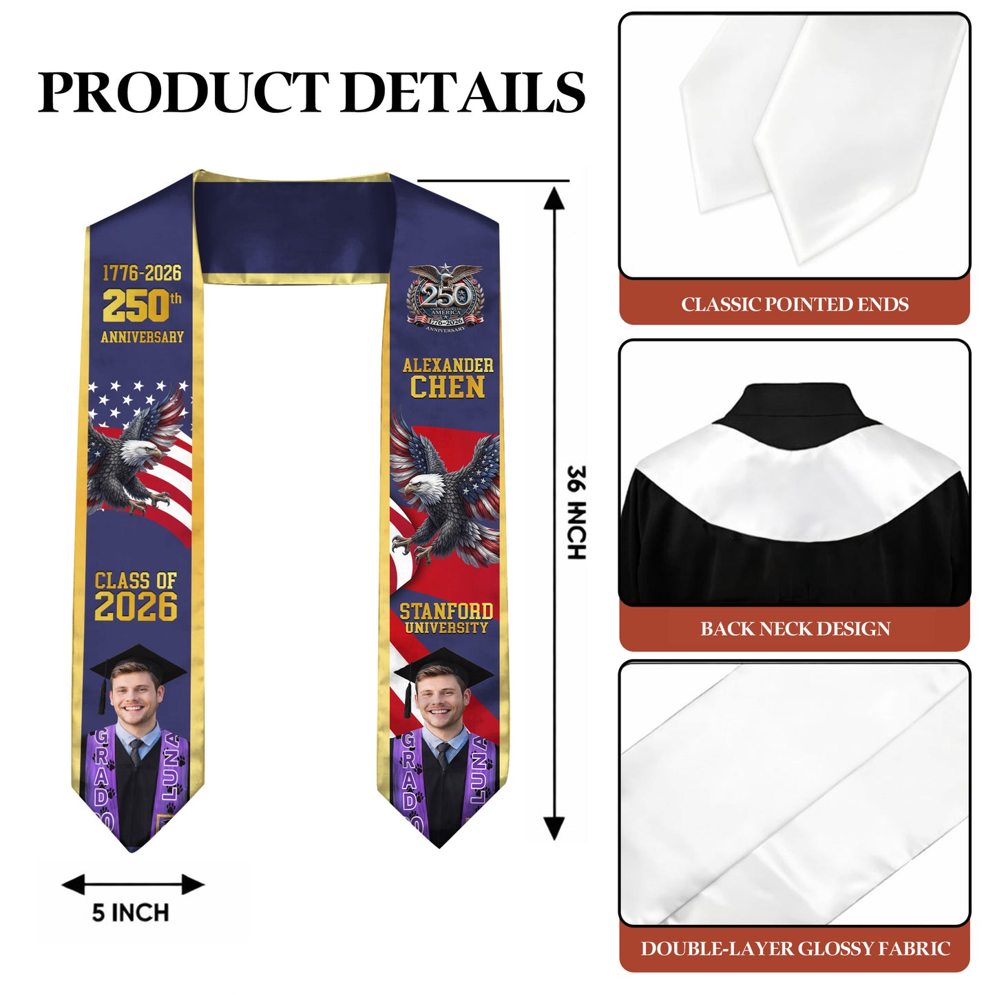 Custom Photo Class Of 2026 With America 250 Years Graduation Stole