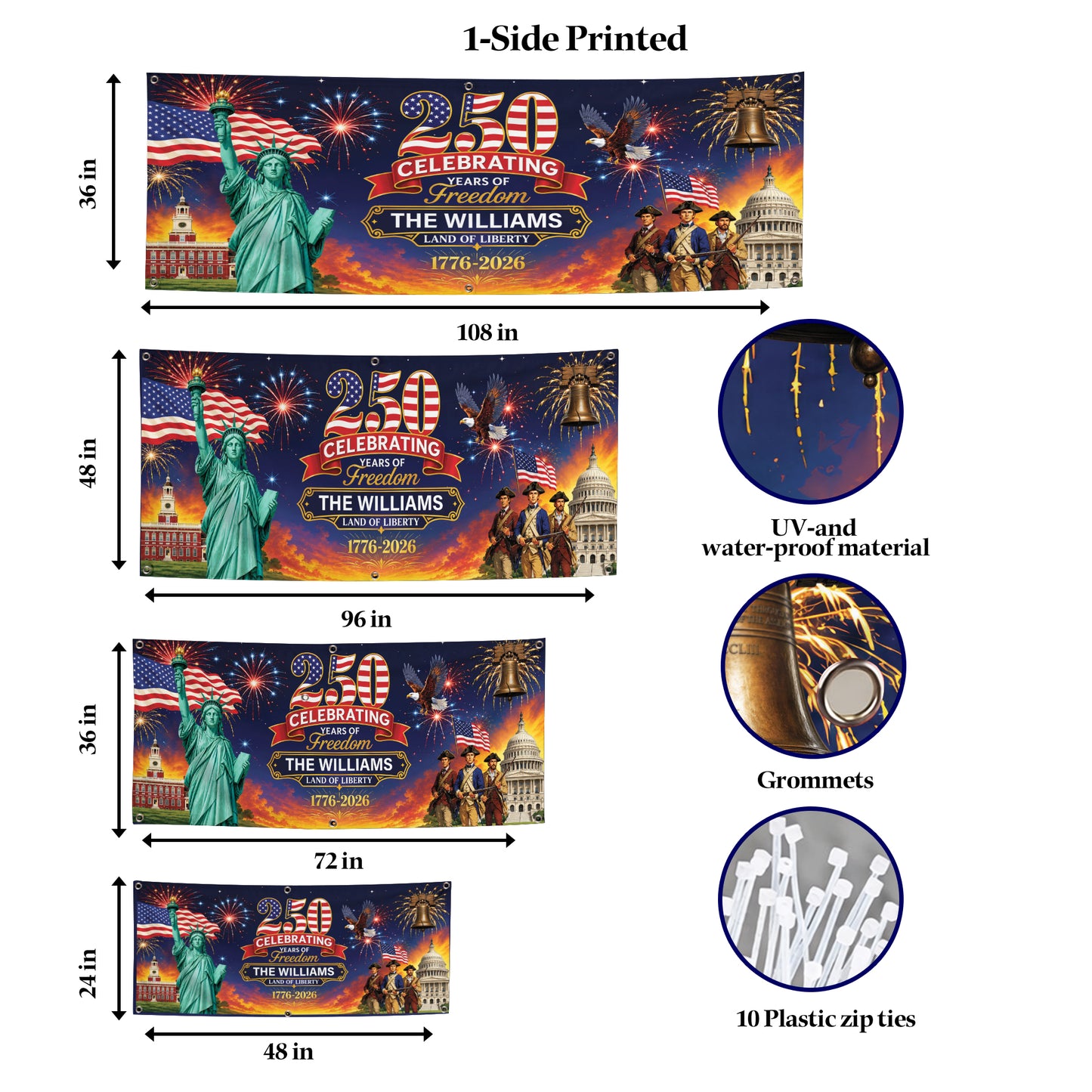 Personalized Banner 250 Years of Freedom Liberty & Heritage Fireworks Patriotic Independence Day