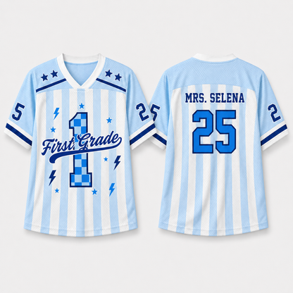 Personalized Grade And Name Preppy Stripes Stars Teacher Mesh Jersey