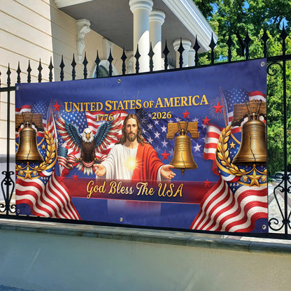 Outdoor Banner – USA 250th Anniversary God Bless America Flag, Faith & Freedom Decor