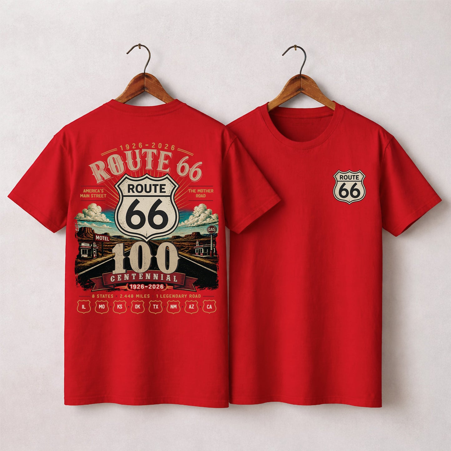 [Two Side] Route 66 Centennial 8 States 2448 Miles Unisex T-Shirt 1926-2026