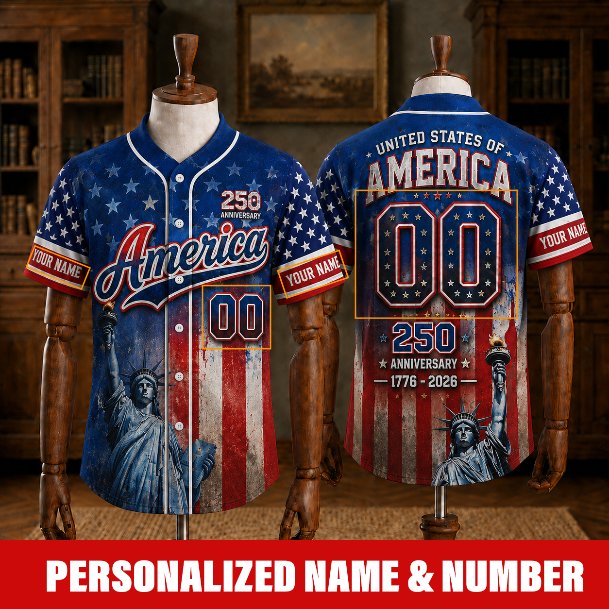 Personalized USA Flag Patriotic - USA 250th Anniversary Baseball Jersey