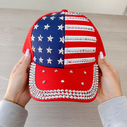 Rhinestone American Flag Sparkle 250 Years of Freedom Hat – Patriotic Baseball Cap