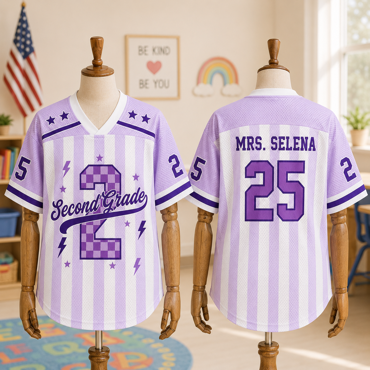 Personalized Grade And Name Preppy Stripes Stars Teacher Mesh Jersey