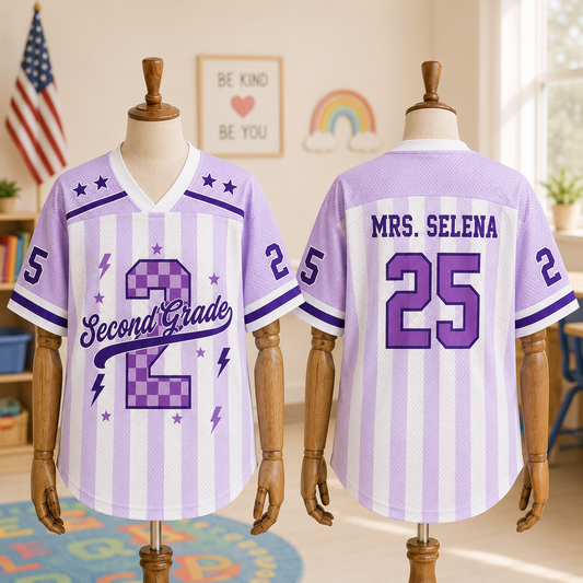 Personalized Grade And Name Preppy Stripes Stars Teacher Mesh Jersey
