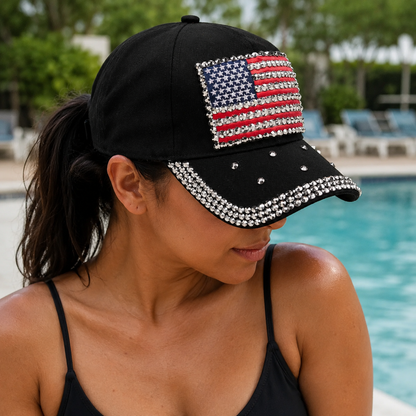 American Flag Rhinestone Bling 250th Anniversary Baseball Cap – Patriotic USA Hat