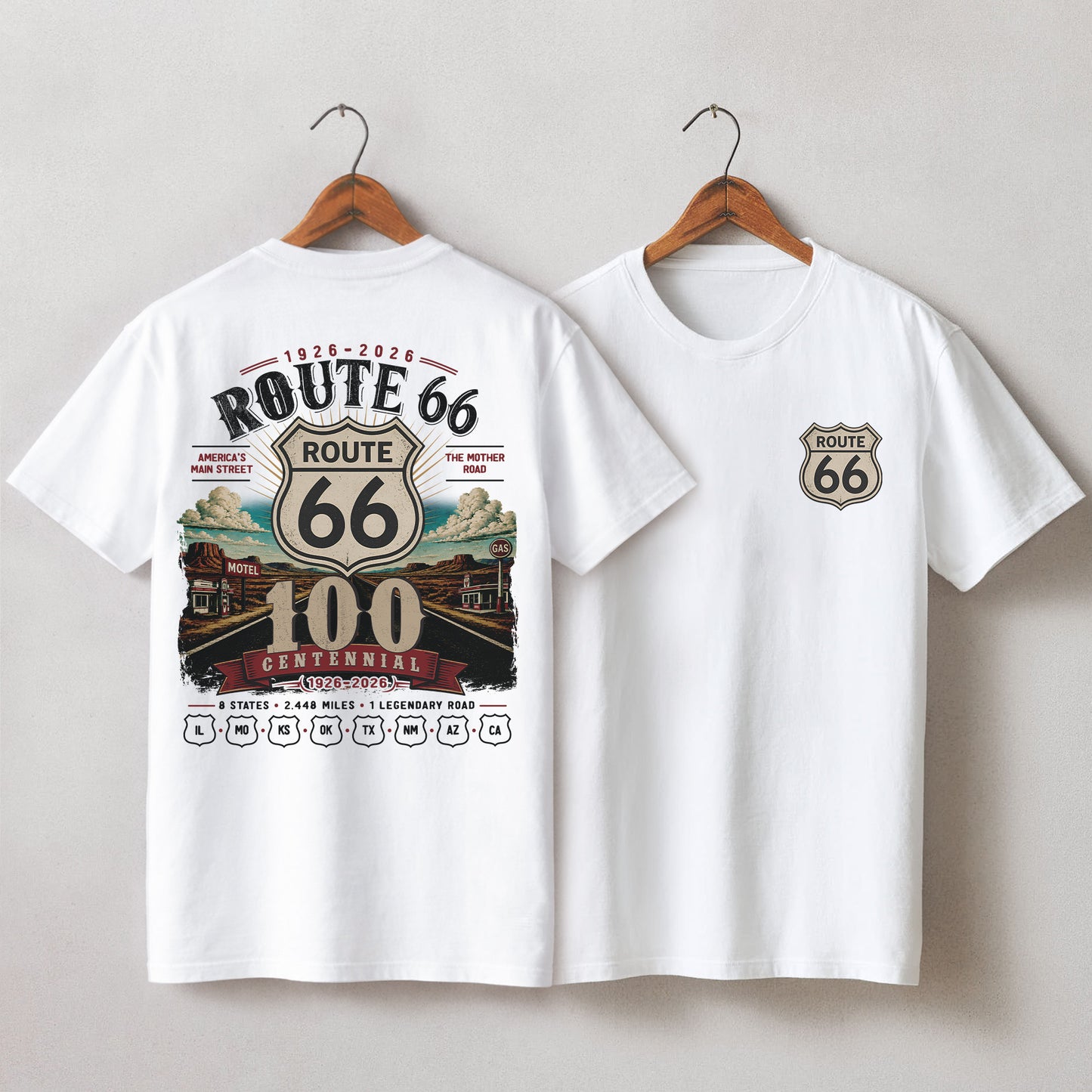 [Two Side] Route 66 Centennial 8 States 2448 Miles Unisex T-Shirt 1926-2026