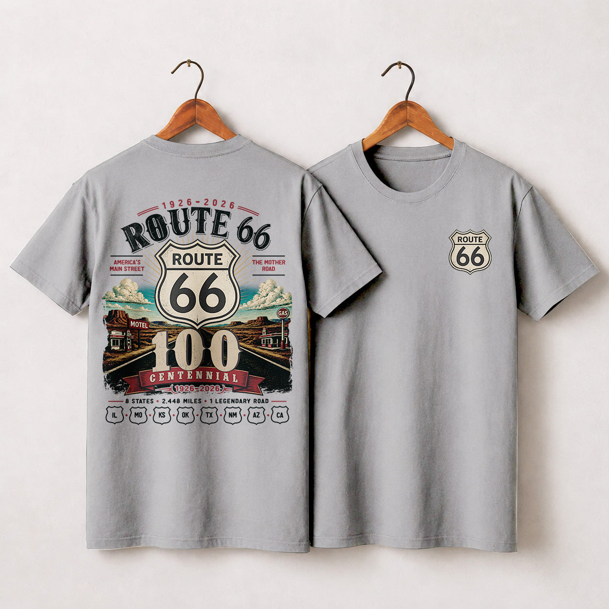[Two Side] Route 66 Centennial 8 States 2448 Miles Unisex T-Shirt 1926-2026