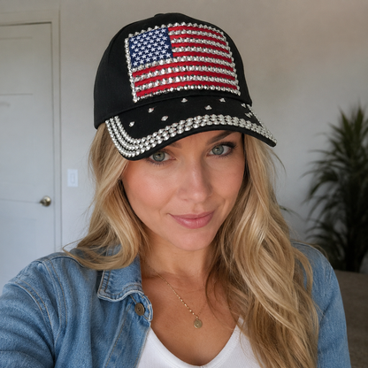 American Flag Rhinestone Bling 250th Anniversary Baseball Cap – Patriotic USA Hat