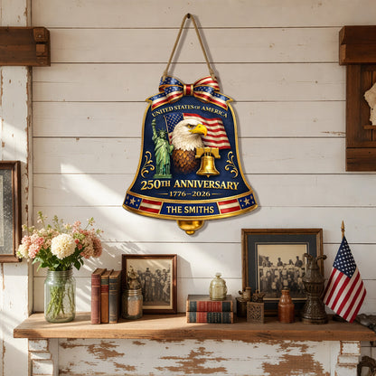 Custom Wood Sign, 250th Anniversary Gift Patriotic Eagle American Flag Family Name Door Hanger