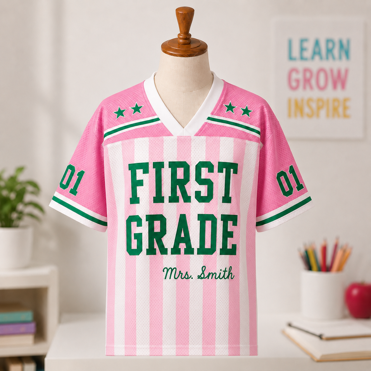 Personalized First Grade Teacher Shirt Drop Shoulder Mesh Football Jersey