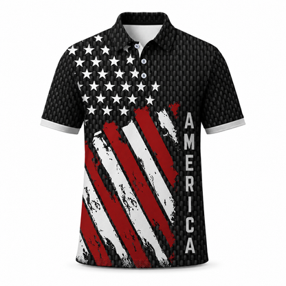 Distressed USA Flag Golf Polo Shirt - Black America Sports Top