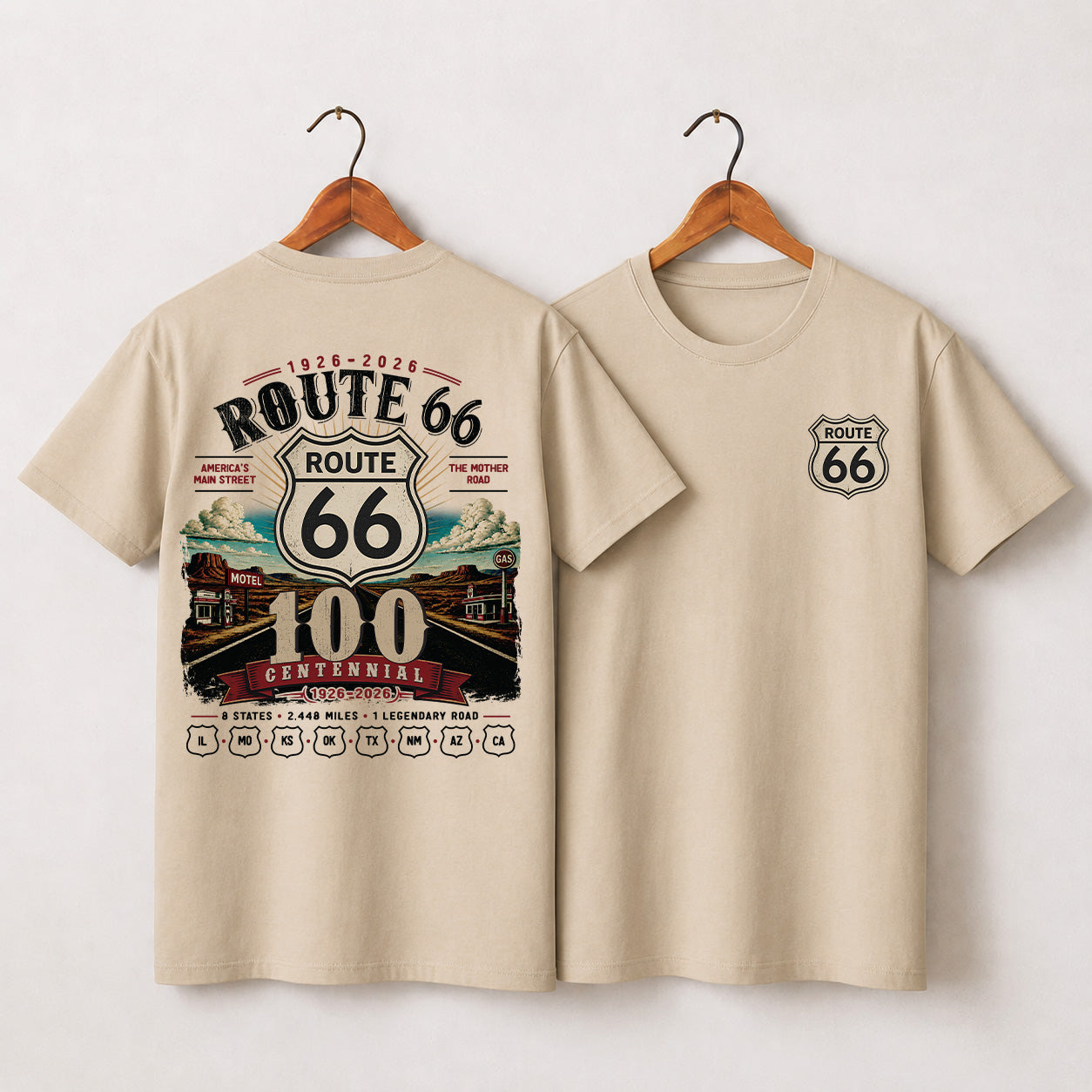 [Two Side] Route 66 Centennial 8 States 2448 Miles Unisex T-Shirt 1926-2026