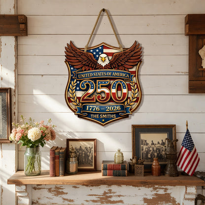 Custom Wood Sign Gift, 250th Anniversary Patriotic Family Name Door Hanger