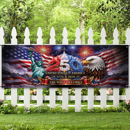 Custom Outdoor Banner – 250th Anniversary USA Flag, Liberty Eagle & Fireworks Personalized Family Banner, 1776-2026