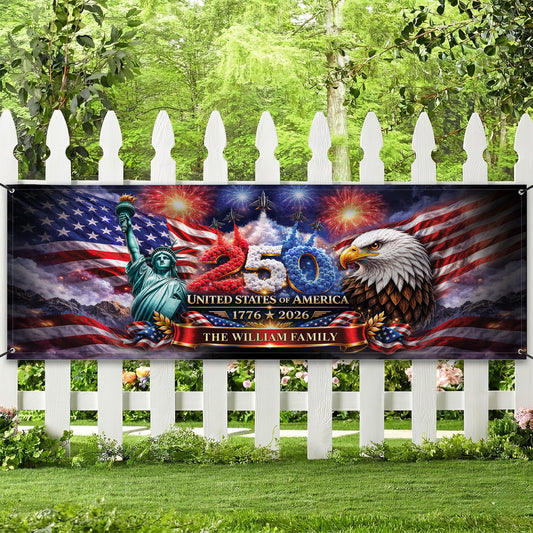 Custom Outdoor Banner – 250th Anniversary USA Flag, Liberty Eagle & Fireworks Personalized Family Banner, 1776-2026