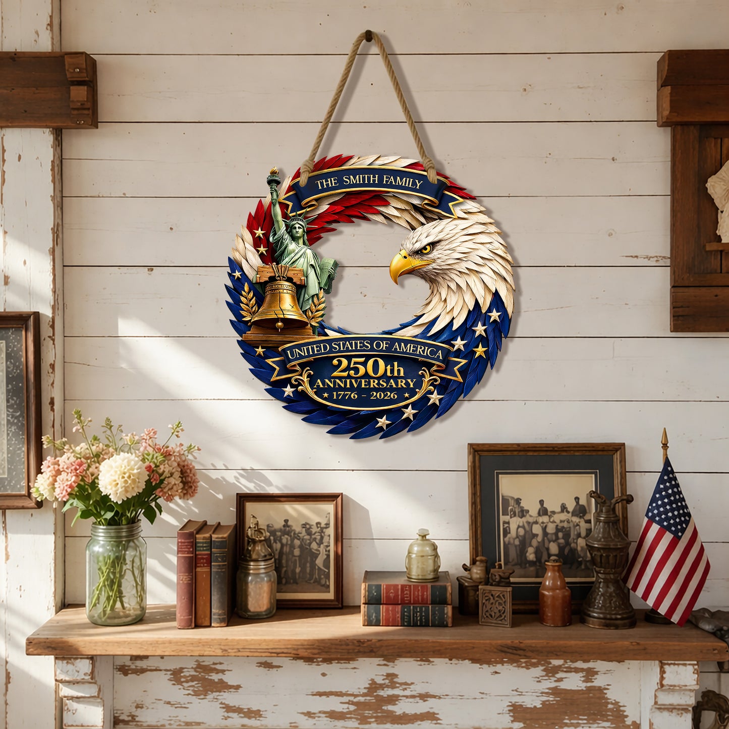 Custom Wood Sign, 250th Anniversary Gift Patriotic Eagle Family Name Door Hanger