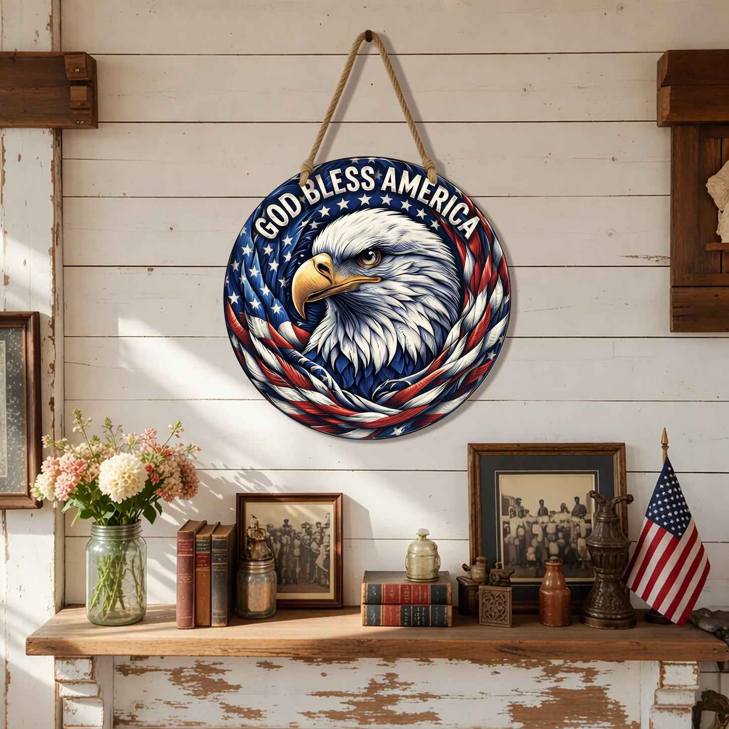 God Bless America Wood Sign, 250th Anniversary Patriotic Eagle Wall Hanging